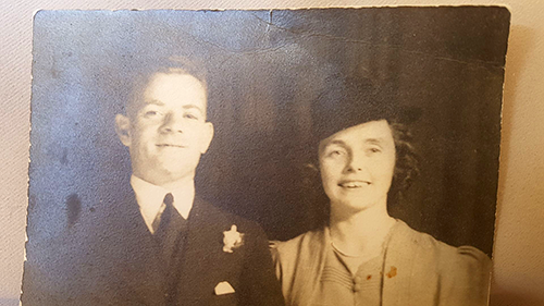 A sepia photograph of Frank with his wife Elizabeth on their wedding day