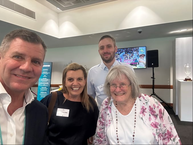 Judith Morris  (left) at the SCG with CA Chair Mike Baird (r-l) and HammondCare staff Julie Blogg and Keegan Finlay